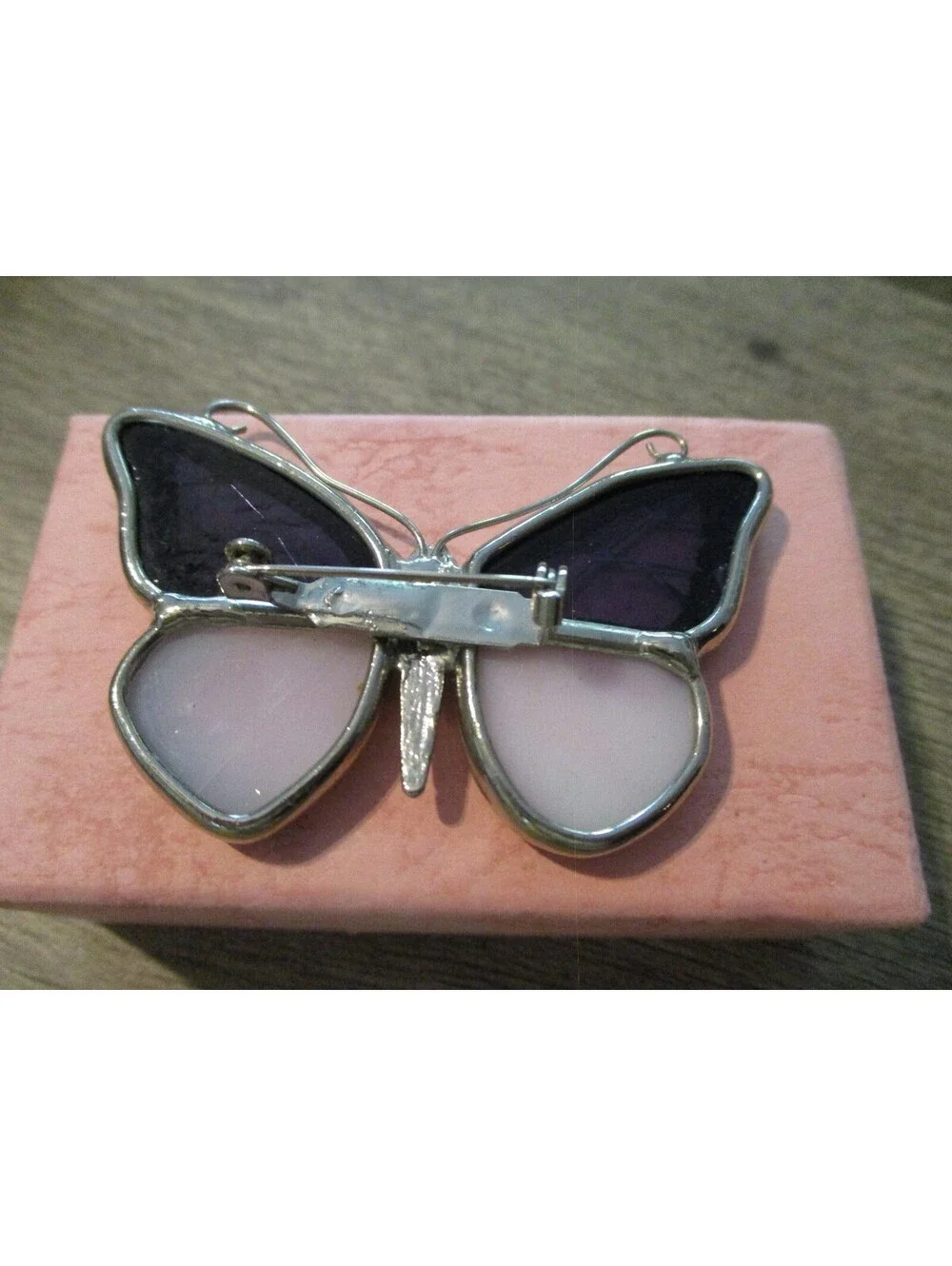 VTG 1980s Stained Glass Look Butterfly Brooch Pin Purple Pink Silver Tone Wing